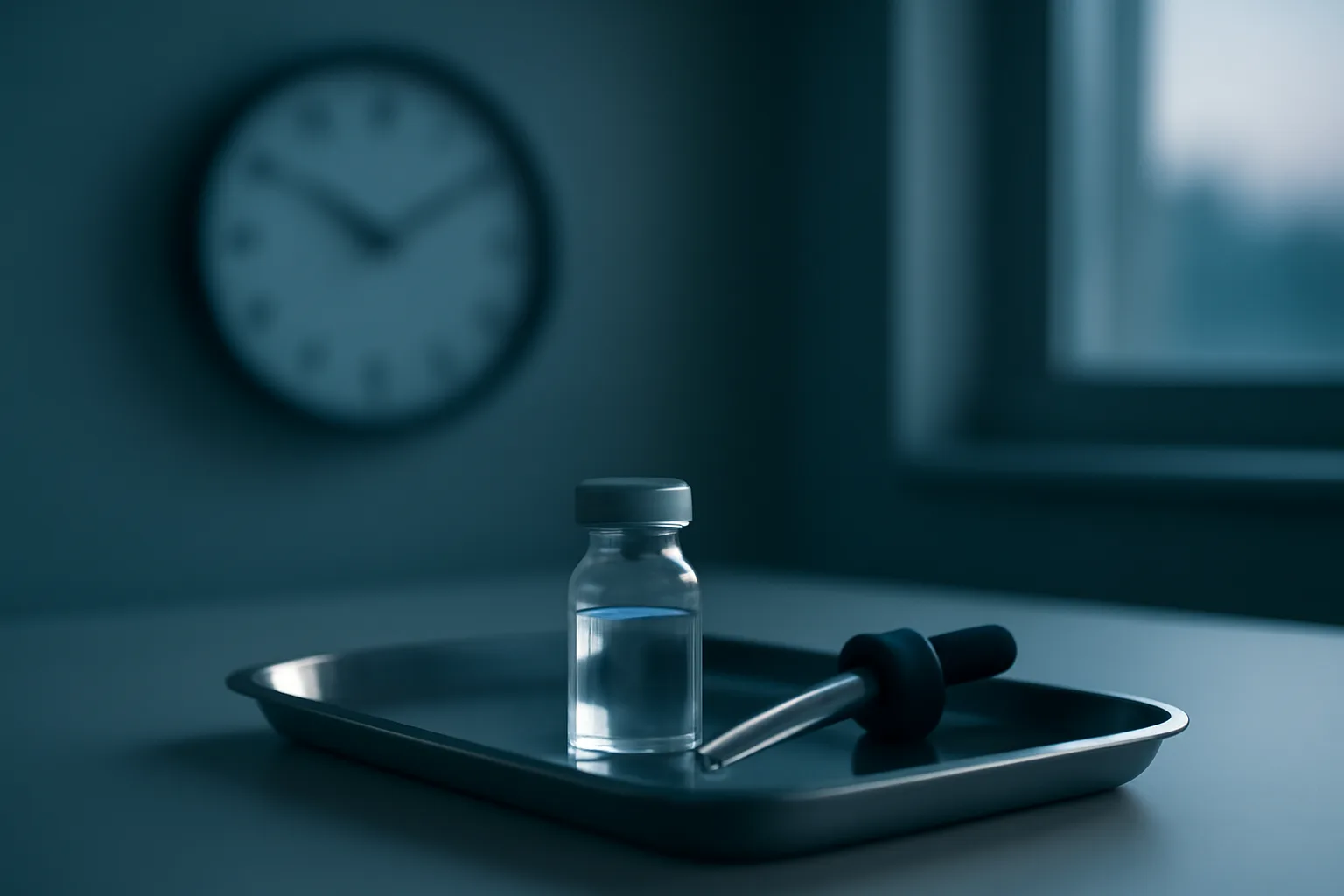 Vial and dropper on a lab tray with a clock, evoking oxytocin timing research