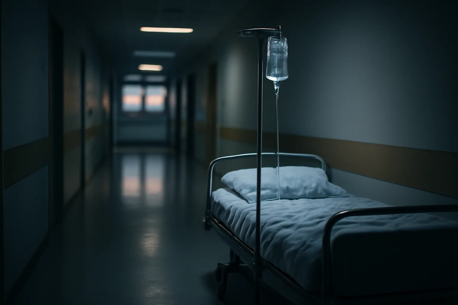 Empty hospital room with IV pole, evoking oxytocin's approved clinical use versus alcohol research claims
