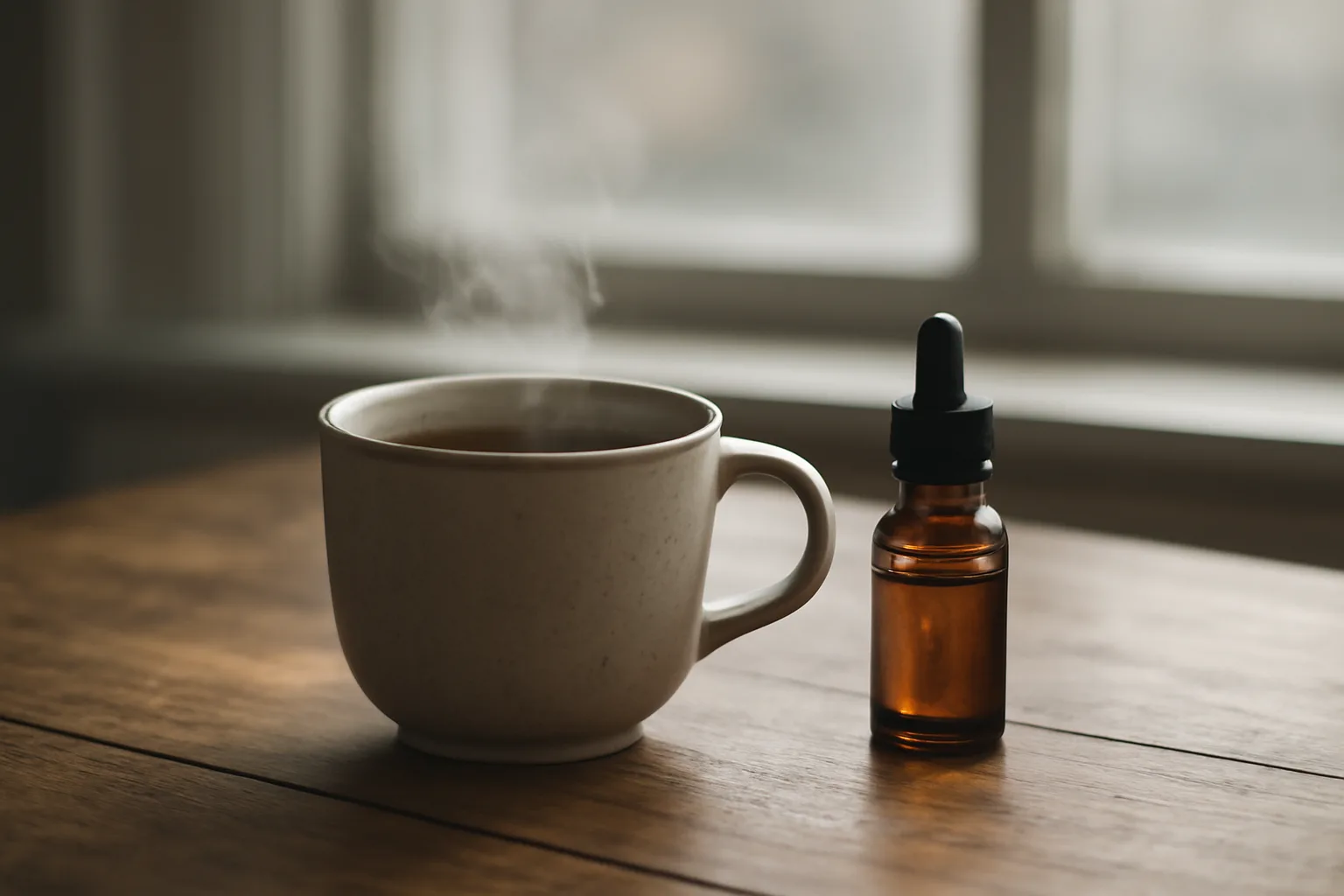 Coffee cup and dropper bottle on table, evoking oxytocin and caffeine interaction question