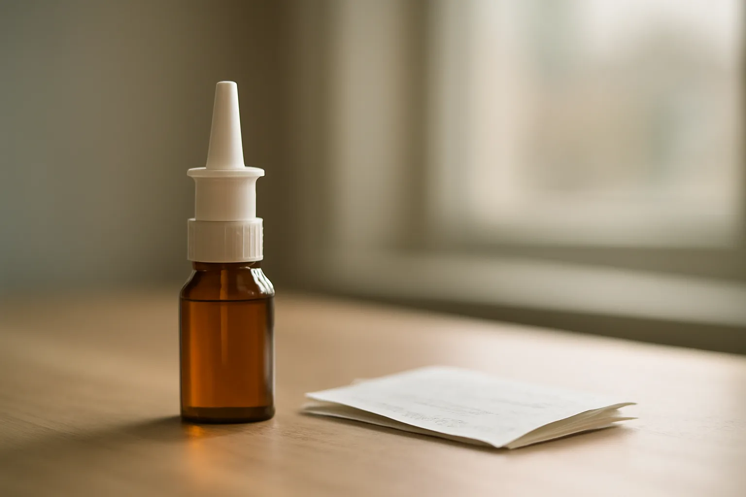 Amber glass nasal spray bottle on a wooden counter representing oxytocin cost per month