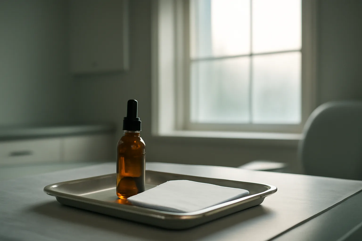 Clinical tray with unlabeled dropper bottle in soft morning light, evoking oxytocin first month expectations