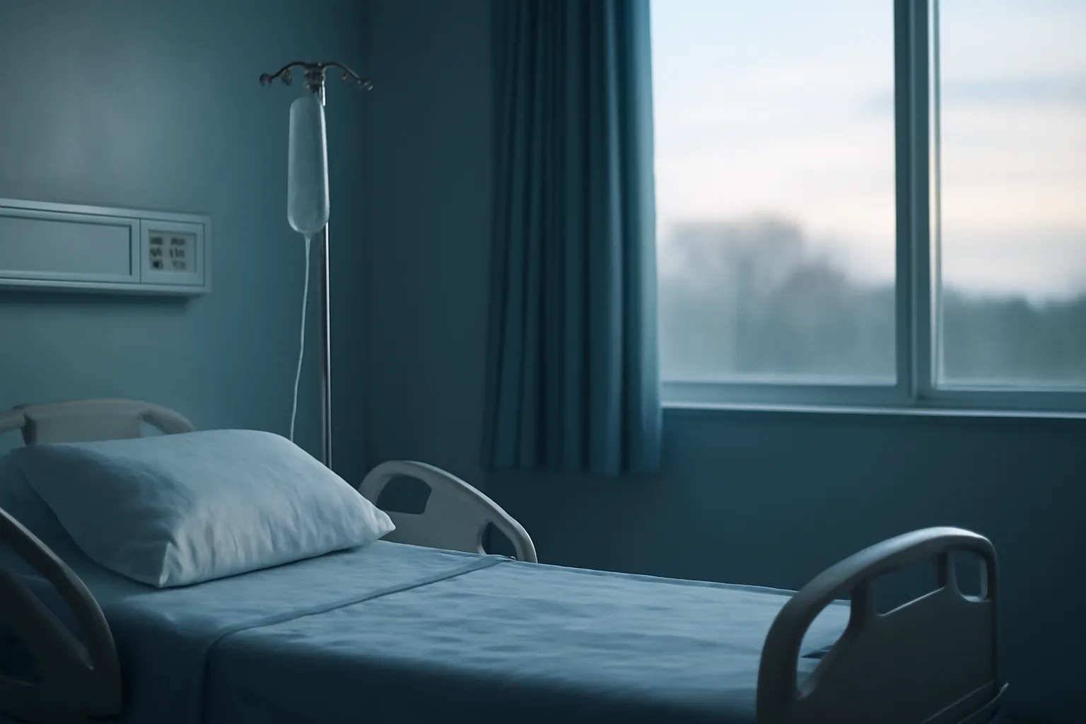 Empty hospital labor room with IV stand, representing oxytocin's approved clinical use