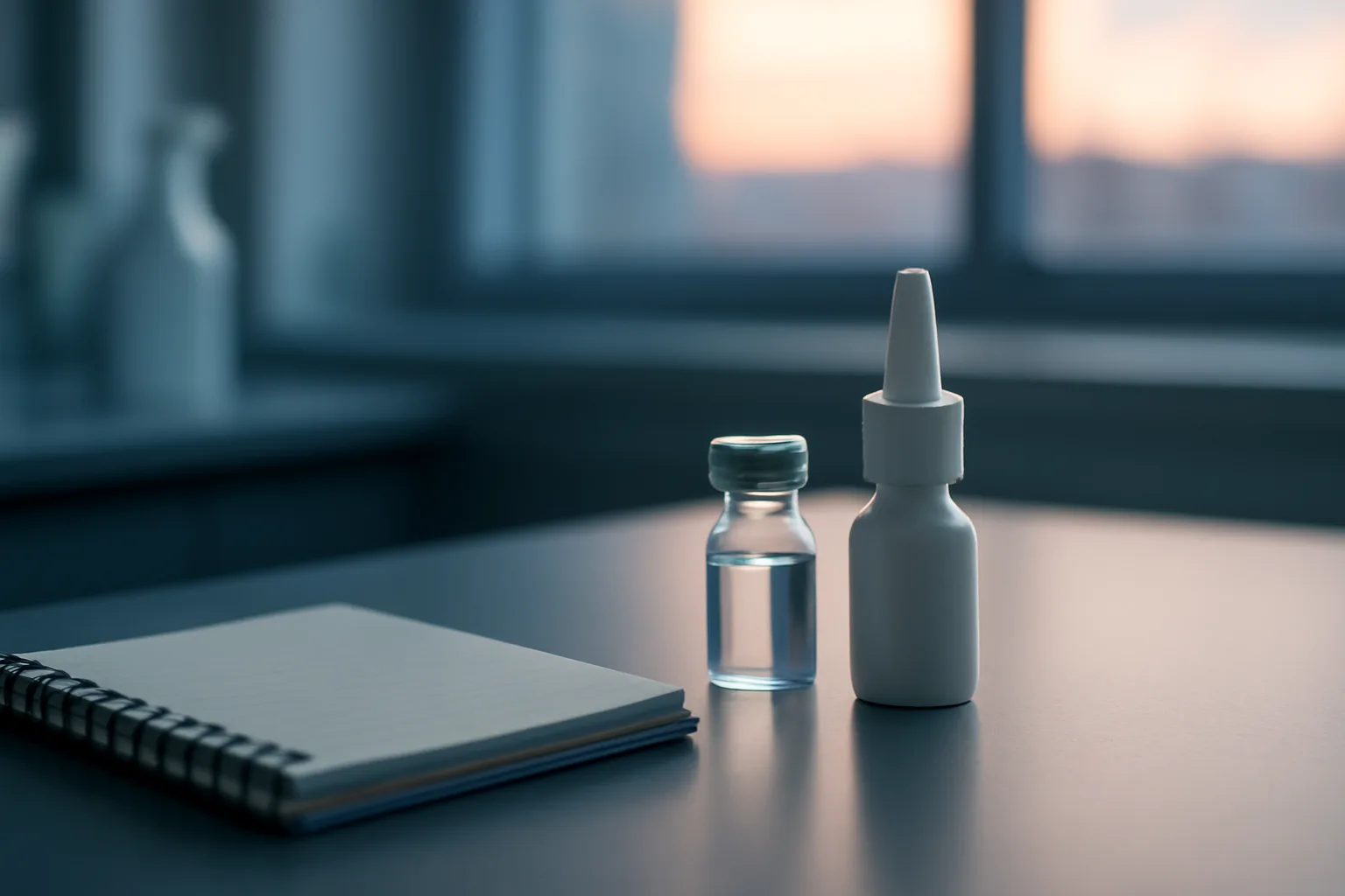 Nasal spray bottle and vial on a research lab bench, representing intranasal oxytocin studies