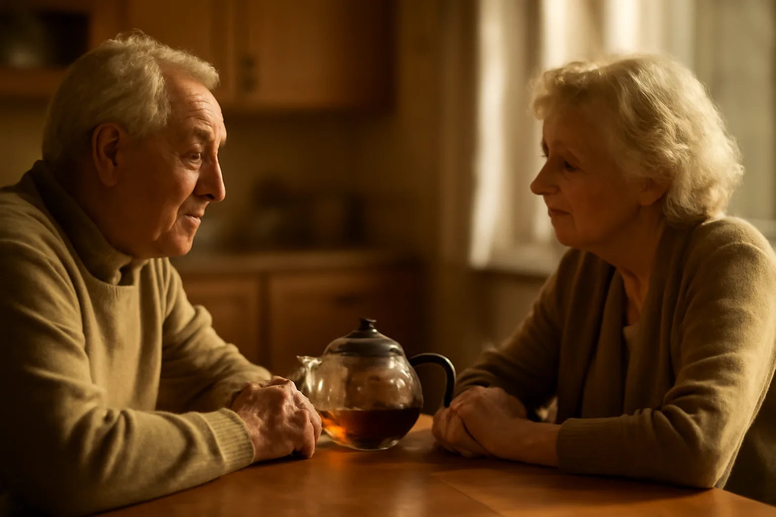 Elderly couple sitting together at a table, illustrating research on oxytocin in older adults