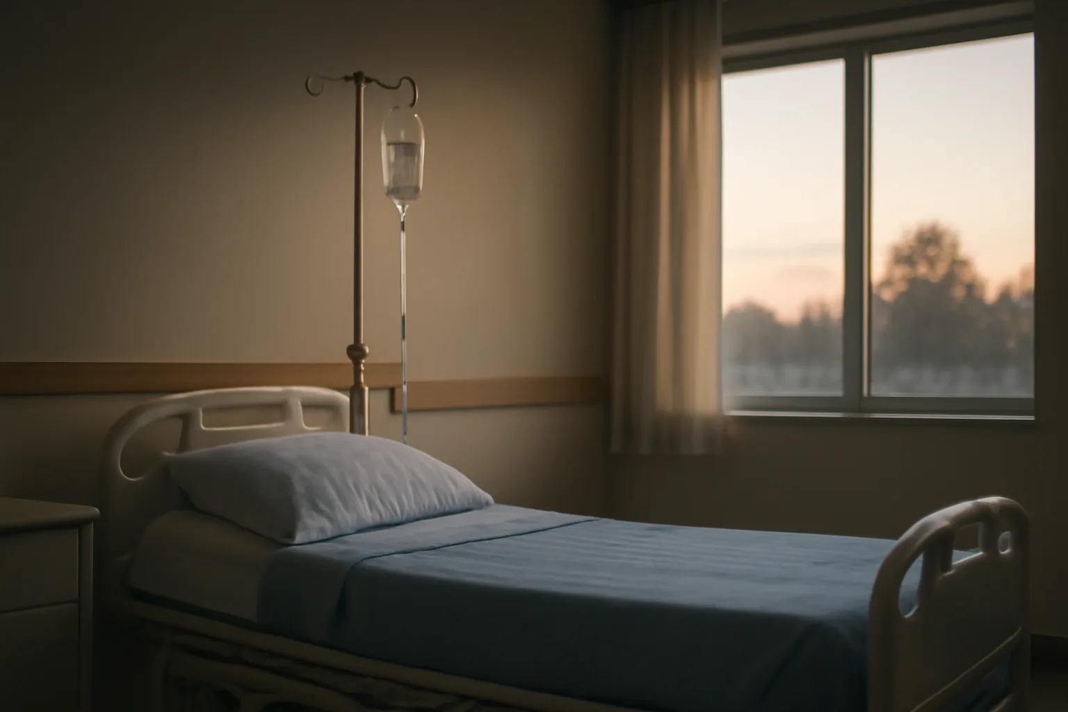 Empty hospital labor room with IV stand, representing oxytocin's approved medical use