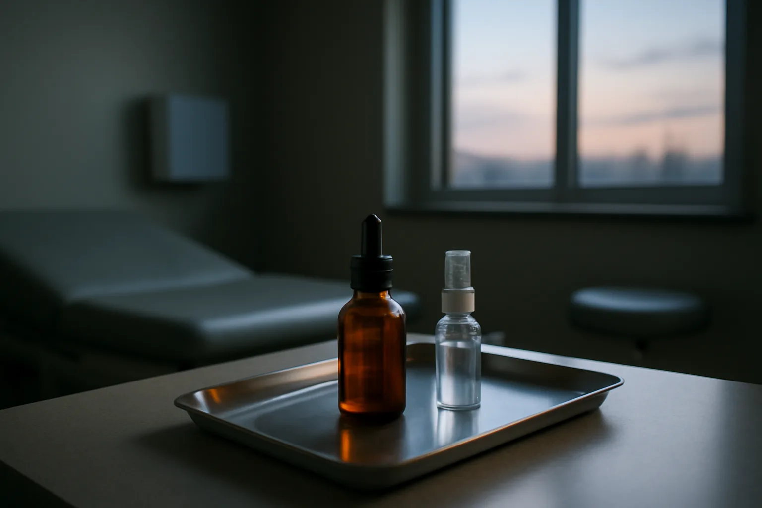 Empty nasal spray bottle on a steel medical tray in dim evening light