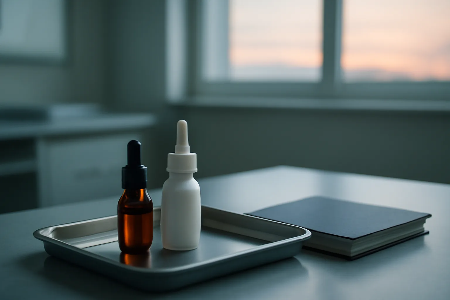 Nasal spray device and dropper bottle on a steel tray in a research room, evoking oxytocin reviews