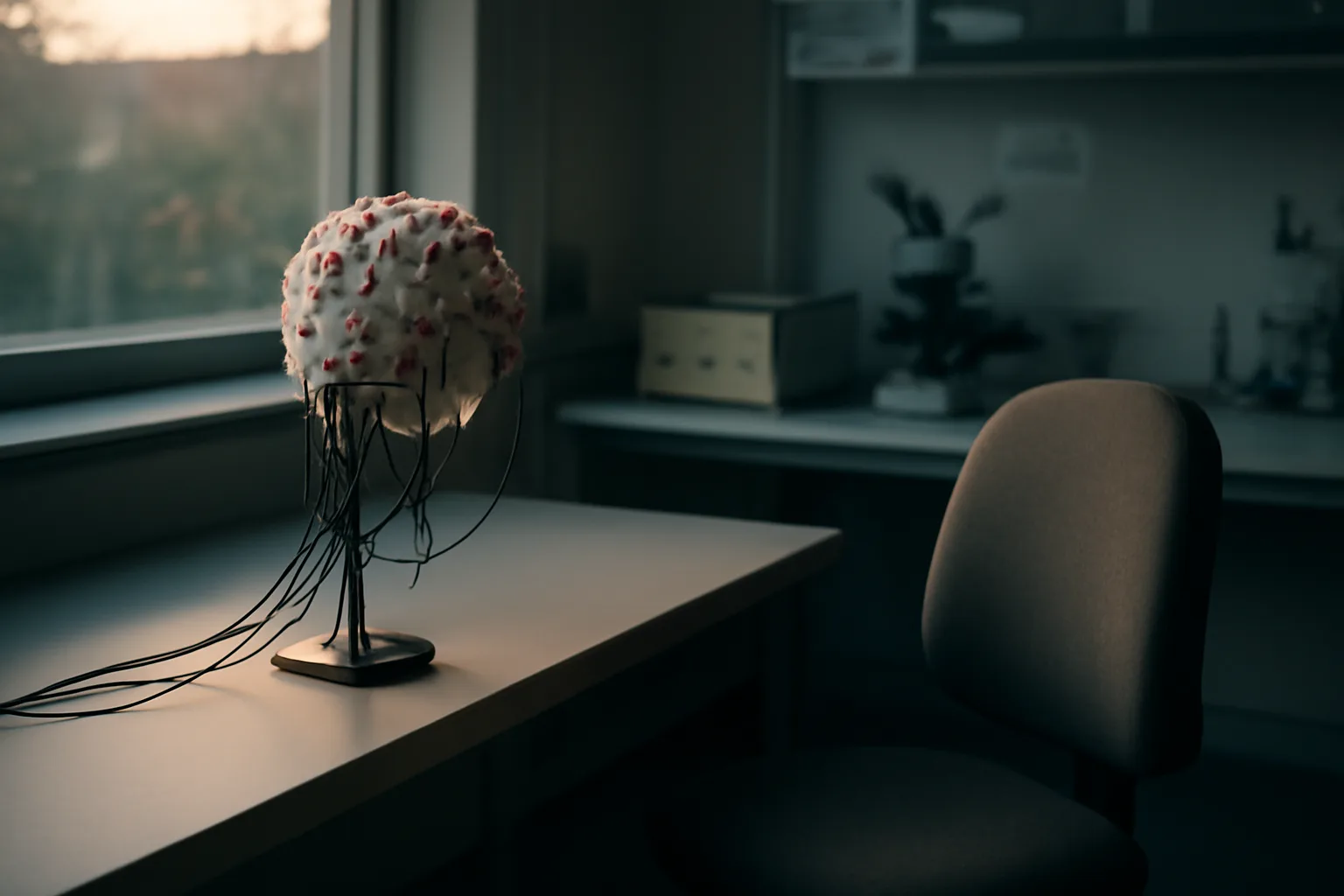 Empty research lab chair with EEG cap, evoking oxytocin clinical trial settings