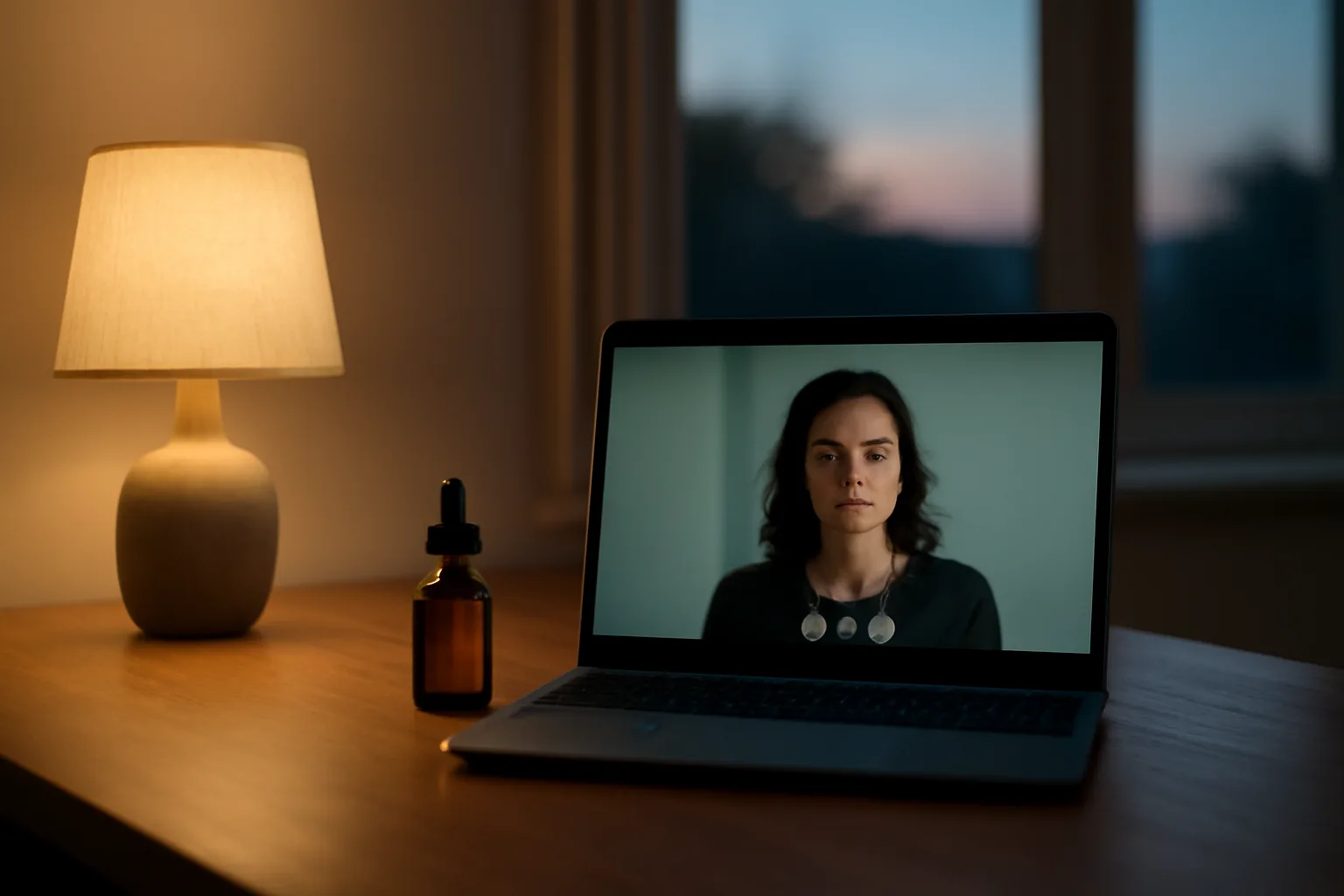 Unlabeled dropper bottle on a desk during an evening telehealth video consultation