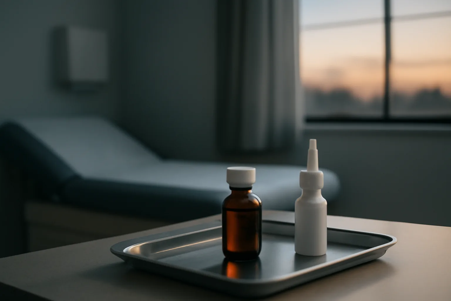 Nasal spray and vial on a tray in a dim clinical room, evoking oxytocin and antidepressants research