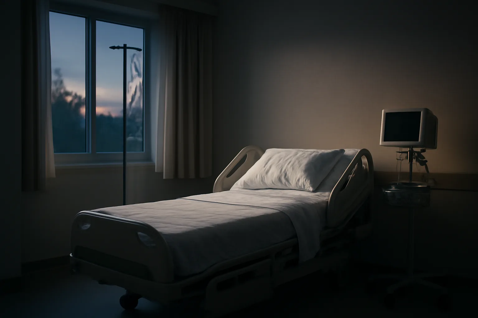 Empty hospital labor room showing IV pole, evoking oxytocin's approved medical use