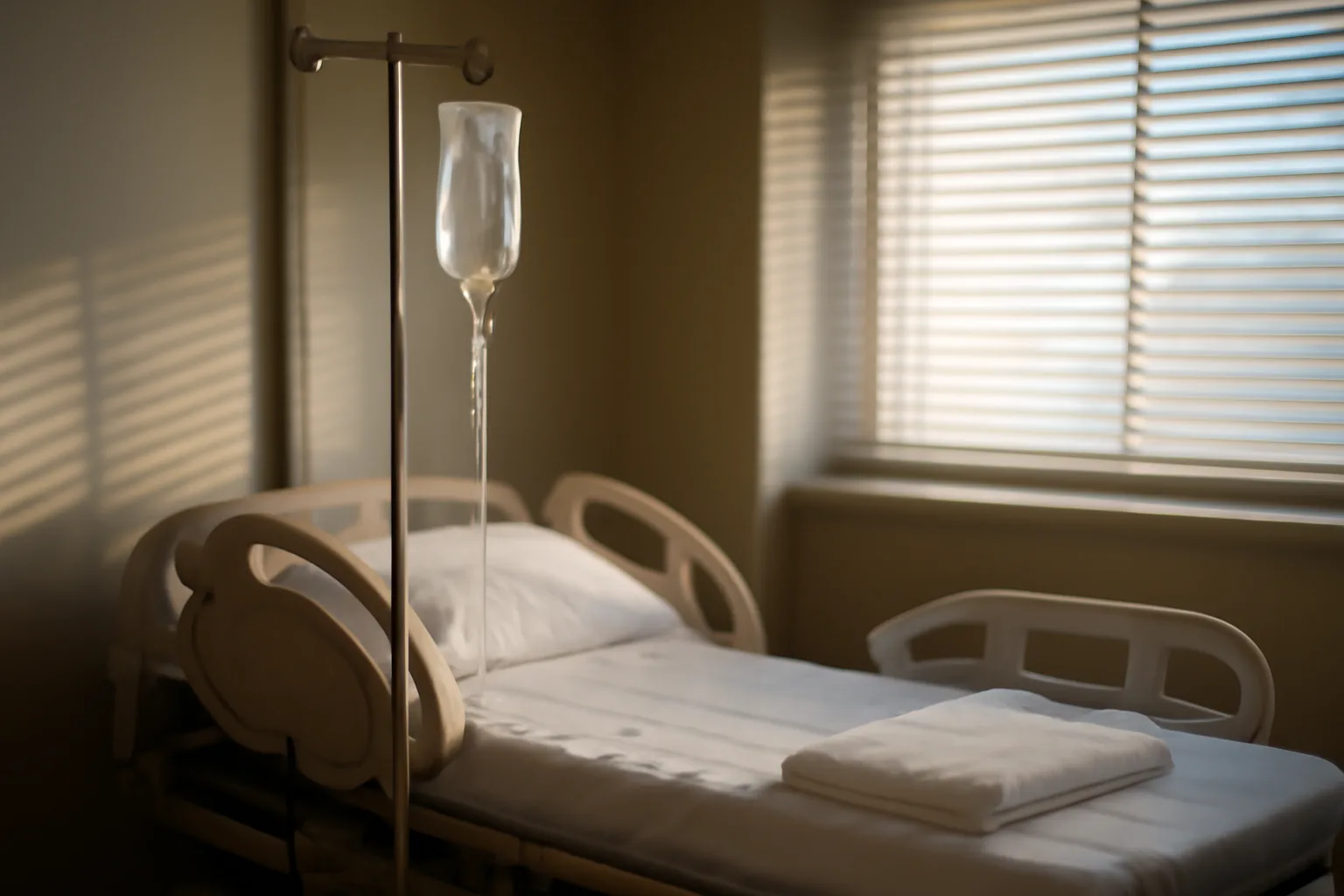 Empty hospital IV stand near a labor delivery bed in soft morning light