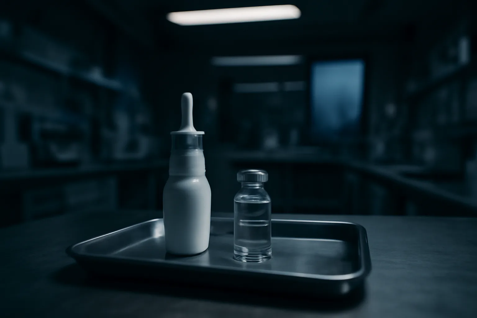Empty nasal spray bottle and vial on a lab tray, evoking oxytocin research uncertainty