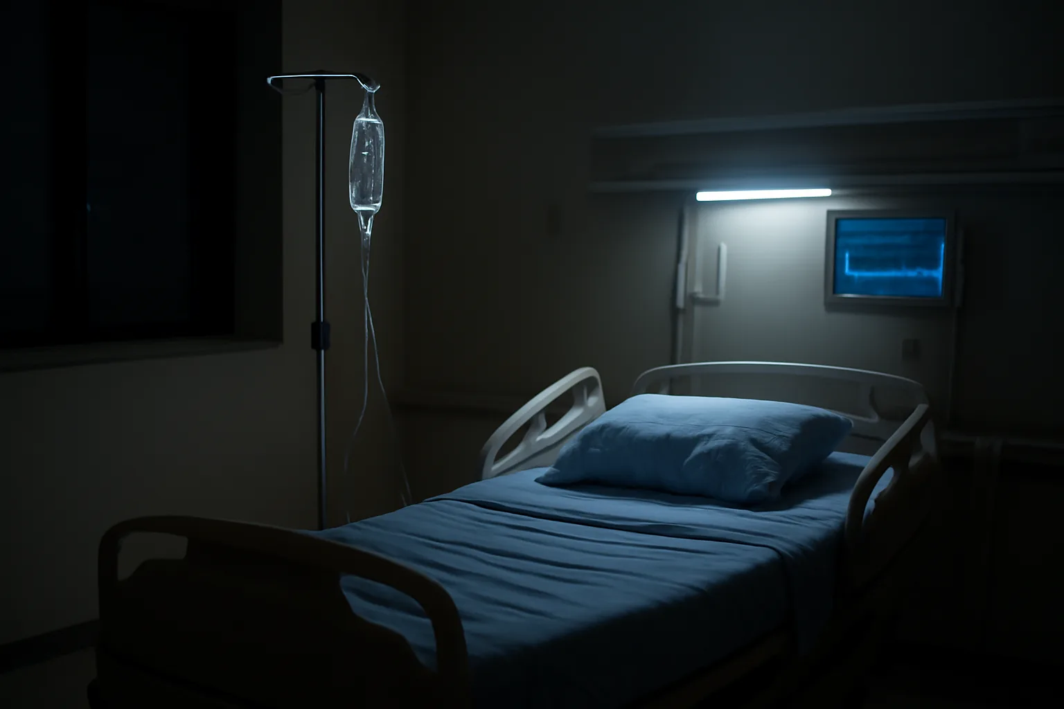 Hospital IV drip stand beside a monitored bed, representing oxytocin overdose and toxicity context