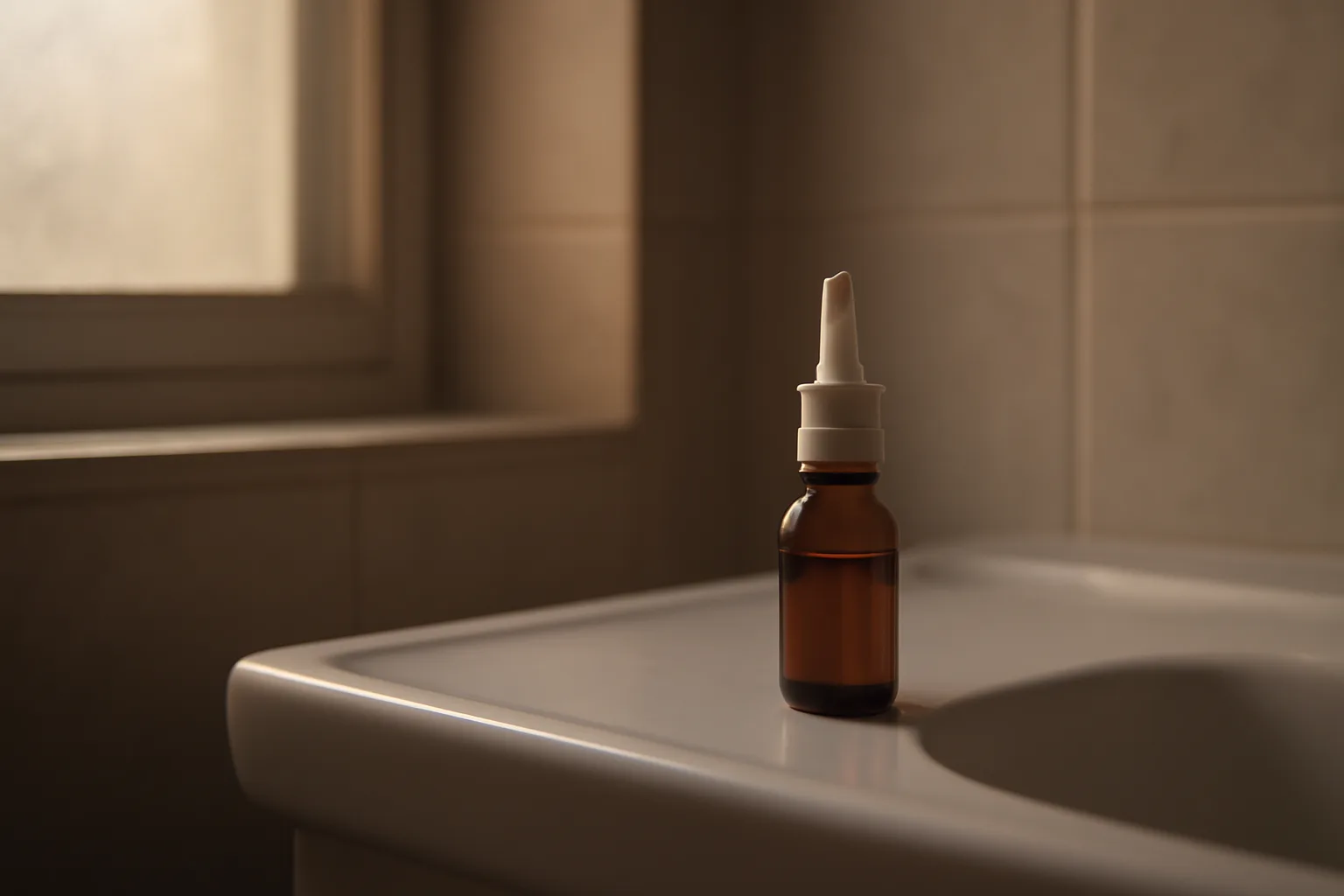 Nasal spray bottle on a bathroom shelf, representing questions about stopping oxytocin use