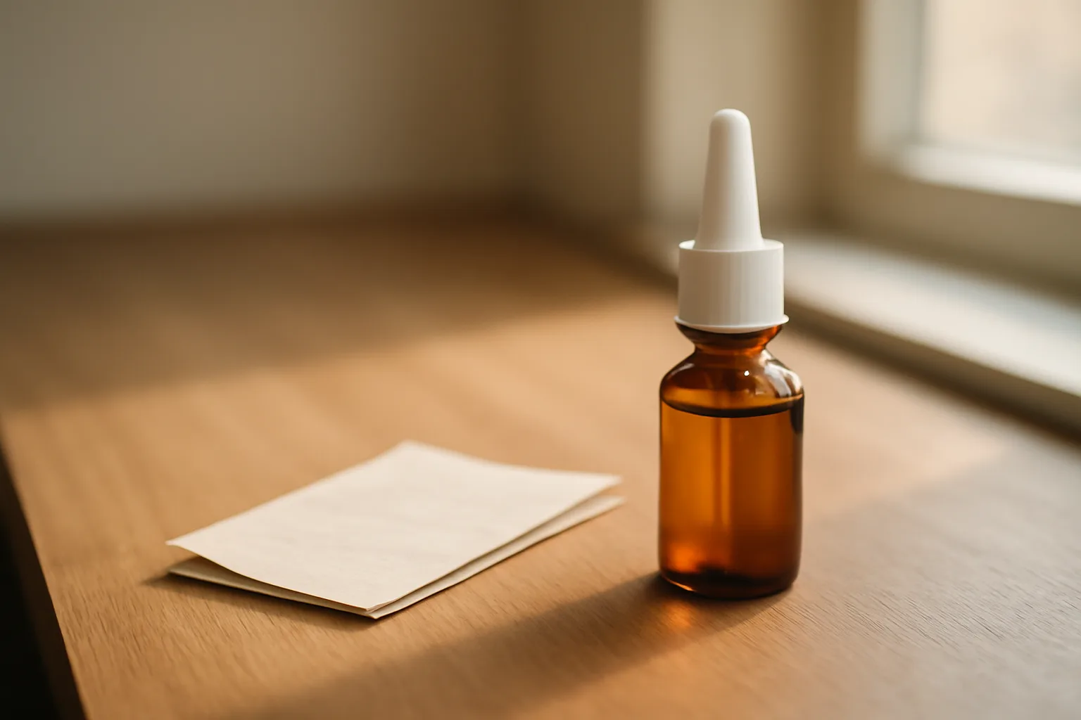 Amber nasal spray bottle on a wooden counter representing oxytocin price without insurance