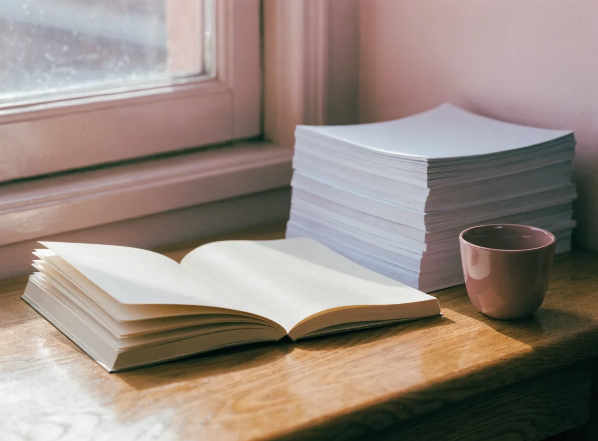 An open ruled notebook with no writing beside a stack of plain paper and a small dusty rose ceramic cup on an oak desk.