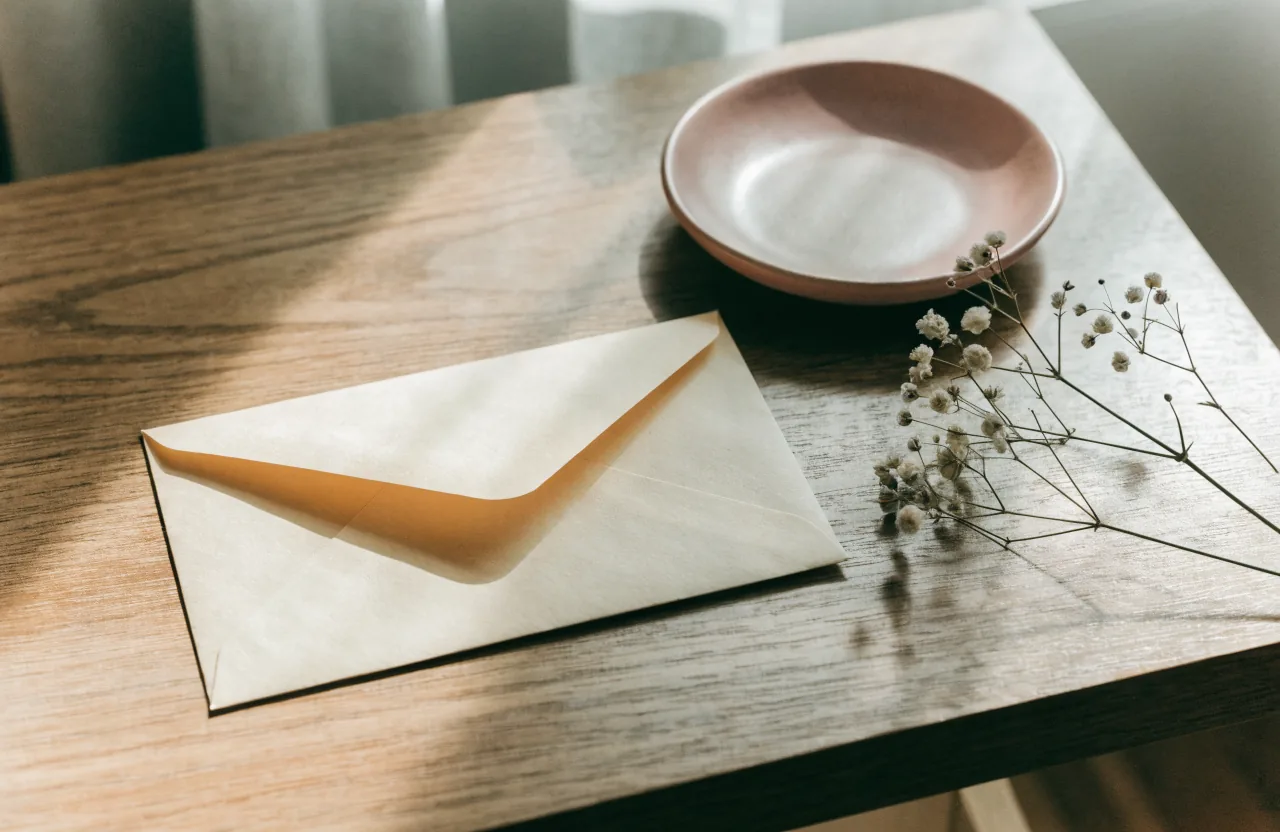 A blank cream envelope beside a sprig of dried flowers and a small rose ceramic dish on a warm wooden desk.